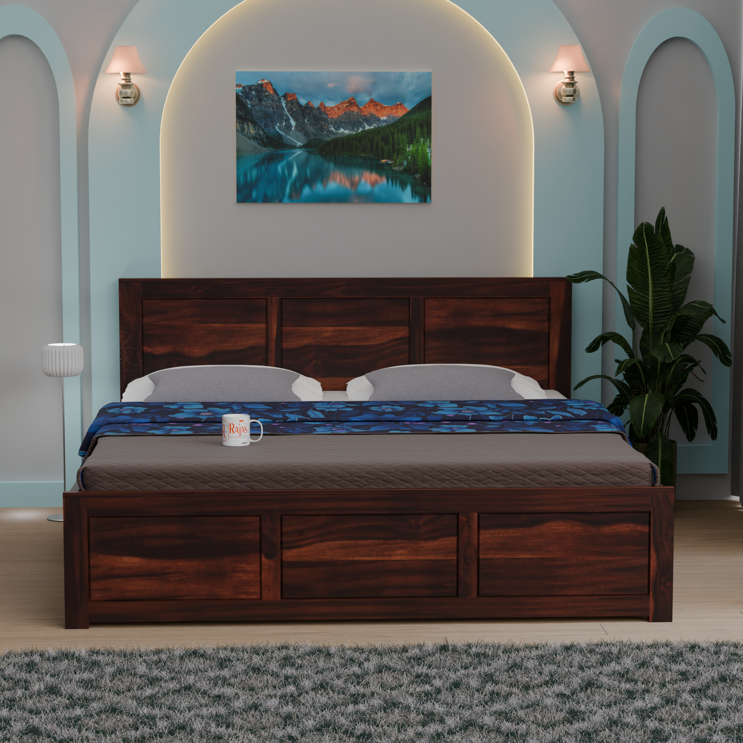 Solid Sheesham Wood King Size Bed with Headboard | Double Bed with Storage in Natural and Walnut Finish