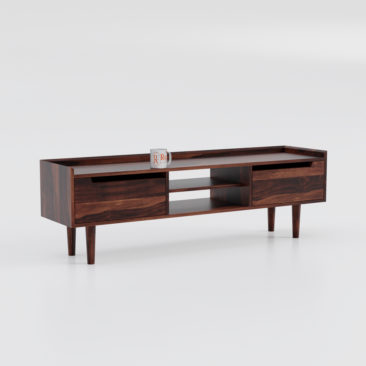 Solid Wood Two Door with one center wooden Shelf LCD cabinet with rustic legs in honey oak finish