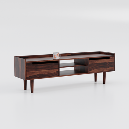 Solid Wood Two Door with one center wooden Shelf LCD cabinet with rustic legs in honey oak finish