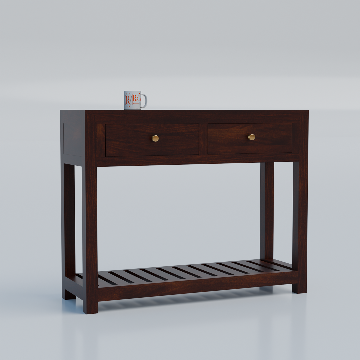 Solid Wood Two Drawer Console Unit with Table Top for Your Bedroom, Wooden Console for Bathroom in Natural Finish