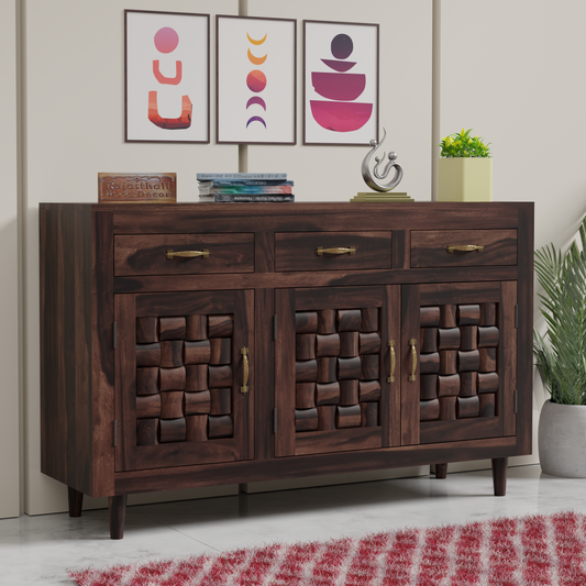 Wooden Sideboard Storage Cabinet with 3 Drawers and 3 Doors Storage Wooden Cabinet for Living Room in Walnut Finish - Rajasthali Furniture 