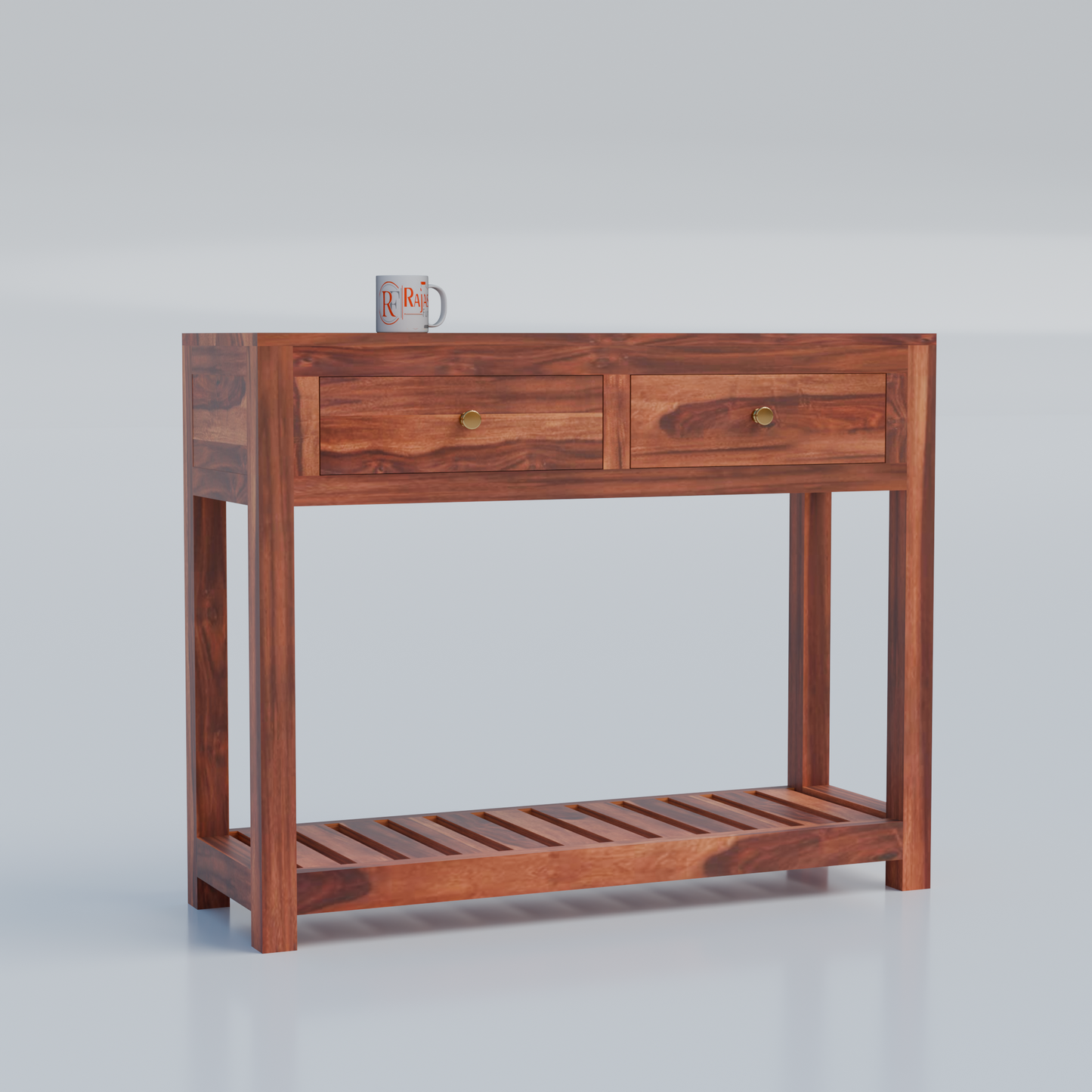 Solid Wood Two Drawer Console Unit with Table Top for Your Bedroom, Wooden Console for Bathroom in Natural Finish