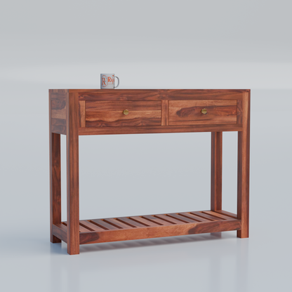 Solid Wood Two Drawer Console Unit with Table Top for Your Bedroom, Wooden Console for Bathroom in Natural Finish