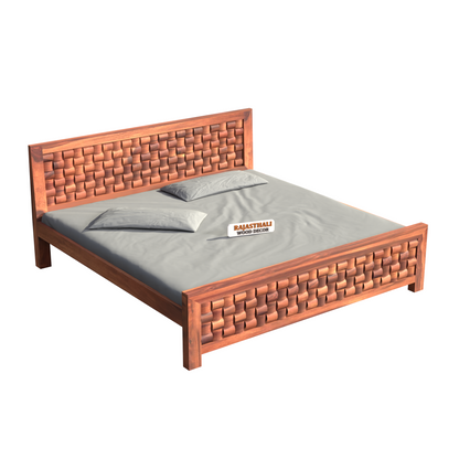 Solid Sheesham Wood King Size Bed with Headboard and Without Storage, Natural Finish - Rajasthali Furniture 