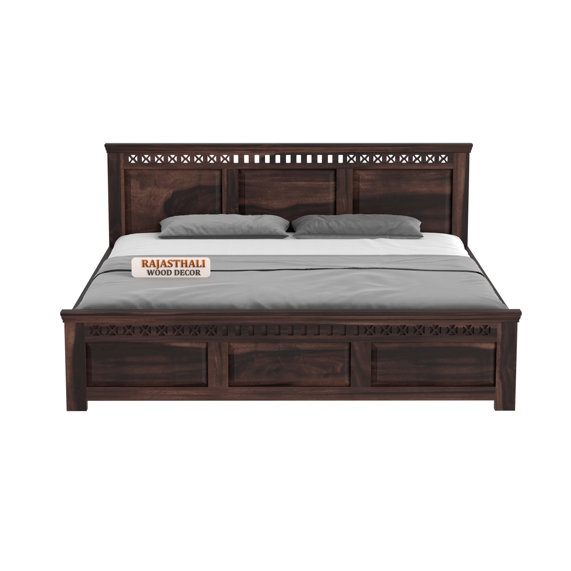 Solid Sheesham Wood King Size Bed with Headboard and Without Storage, Walnut Finish - Rajasthali Furniture 