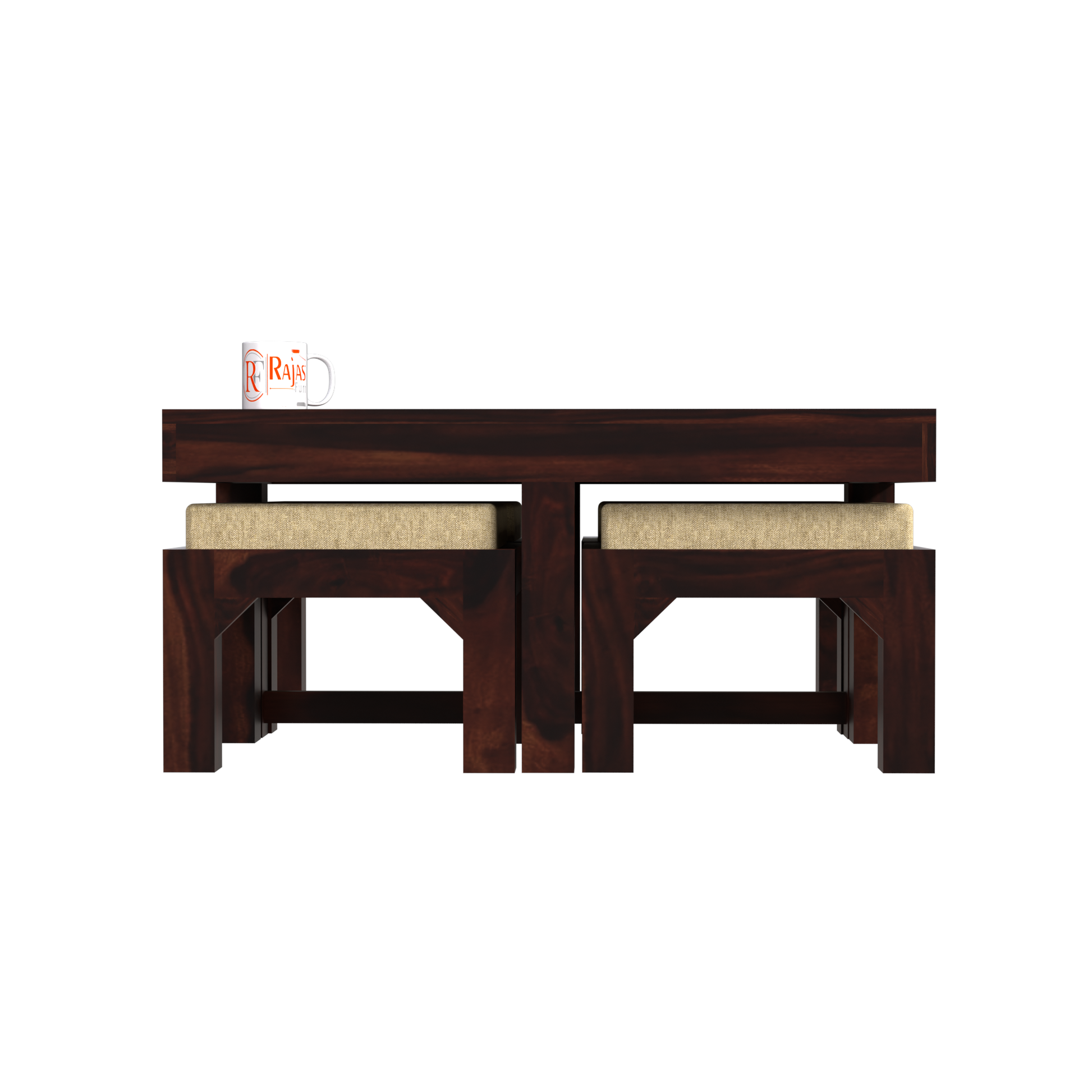 Kerry Wooden Center Table cum Coffee Table with four Stool with upholstery in Natural and walnutFinish 35" - Rajasthali Furniture 