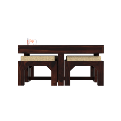 Kerry Wooden Center Table cum Coffee Table with four Stool with upholstery in Natural and walnutFinish 35" - Rajasthali Furniture 