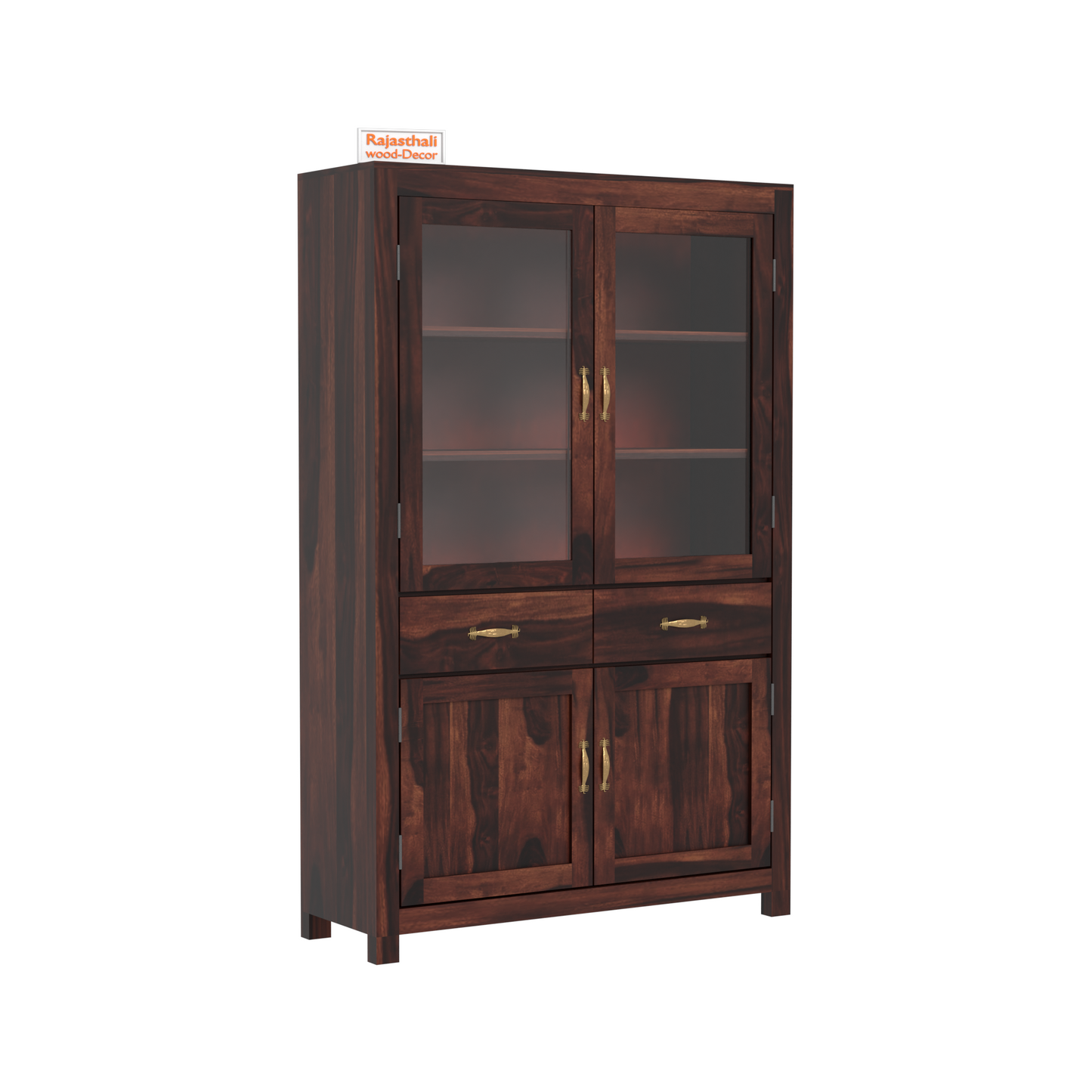 Bened Wooden Glass and Wooden Door Cabinet with two Drawer for Study and kitchen room in Natural and Walnut Finish - Rajasthali Furniture 