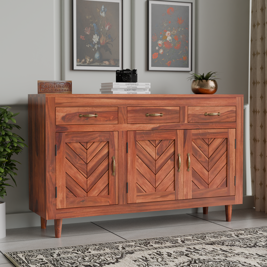 Wooden Sideboard Storage Cabinet with 3 Drawers and 3 Doors Storage Wooden Cabinet for Living Room in Natural Finish - Rajasthali Furniture 