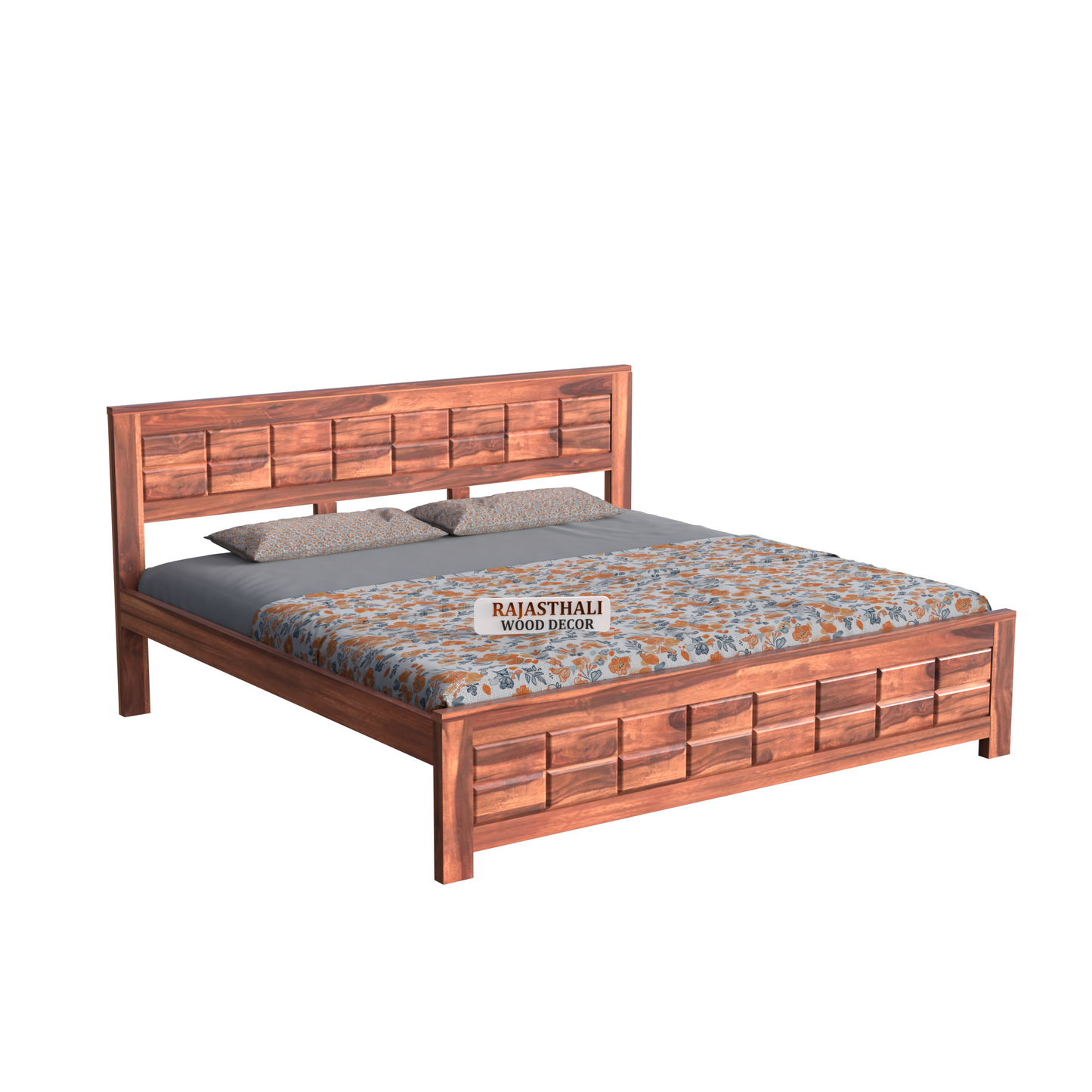 Solid Sheesham Wood King Size Bed with Headboard and Without Storage, Natural Finish - Rajasthali Furniture 