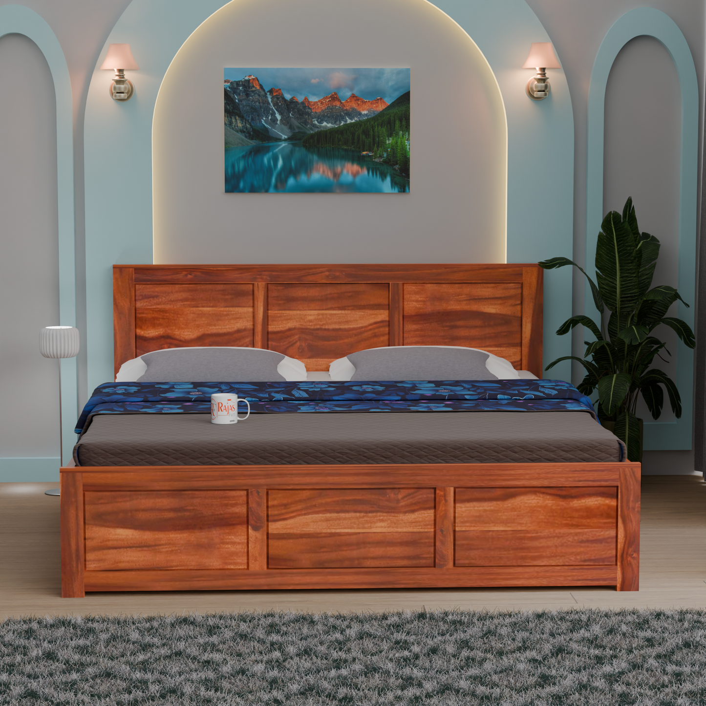 Solid Sheesham Wood King Size Bed with Headboard | Double Bed with Storage in Natural and Walnut Finish