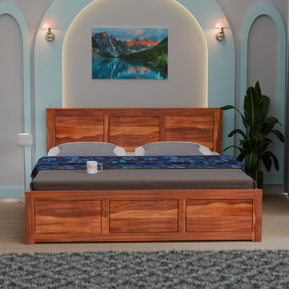 Solid Sheesham Wood King Size Bed with Headboard | Double Bed with Storage in Natural and Walnut Finish