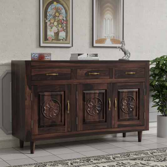 Wooden Sideboard Storage Cabinet with 3 Drawers and 3 Doors Storage Wooden Cabinet for Living Room in Walnut Finish - Rajasthali Furniture 