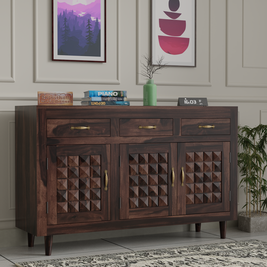 Wooden Sideboard Storage Cabinet with 3 Drawers and 3 Doors Storage Wooden Cabinet for Living Room in Walnut Finish - Rajasthali Furniture 