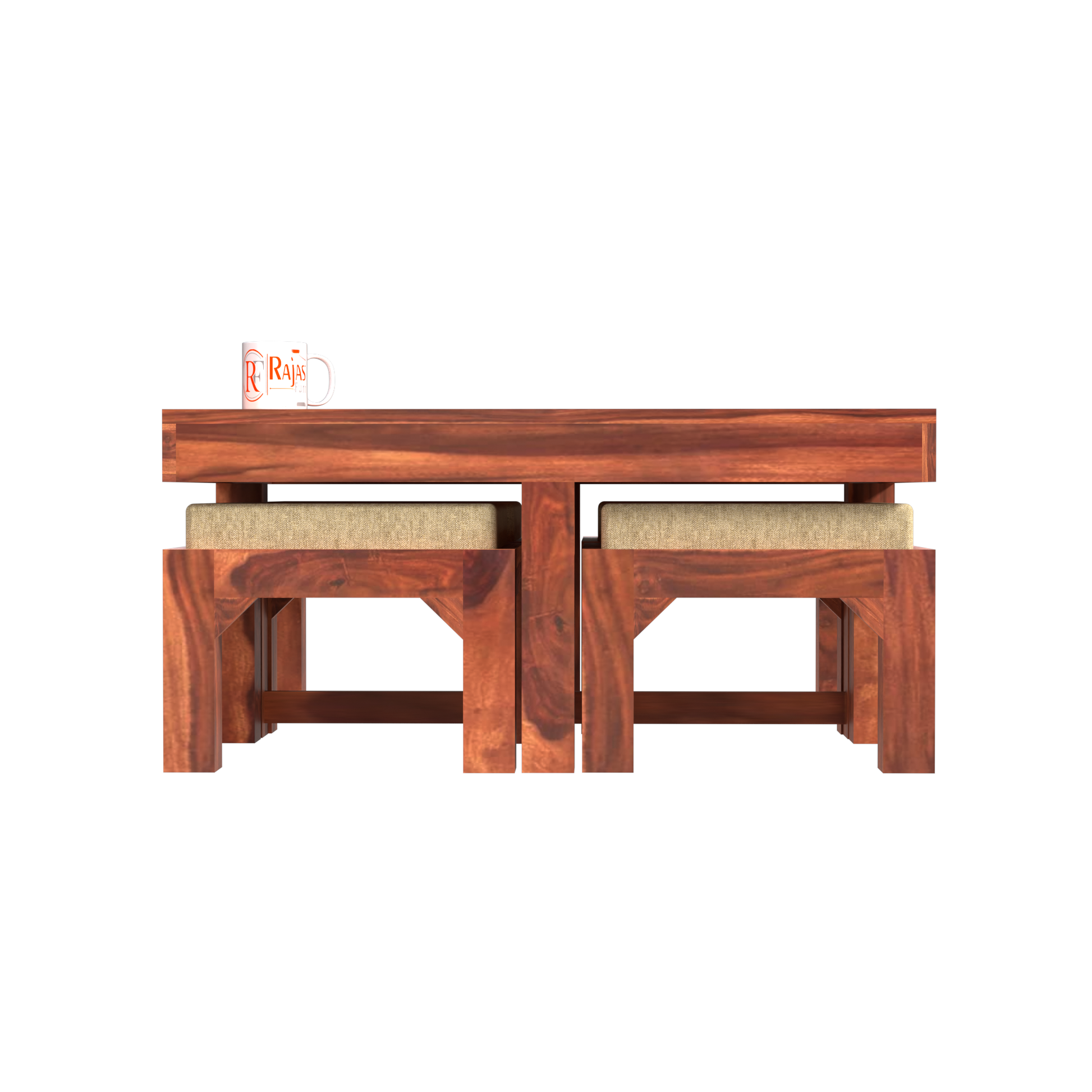 Kerry Wooden Center Table cum Coffee Table with four Stool with upholstery in Natural and walnutFinish 35" - Rajasthali Furniture 