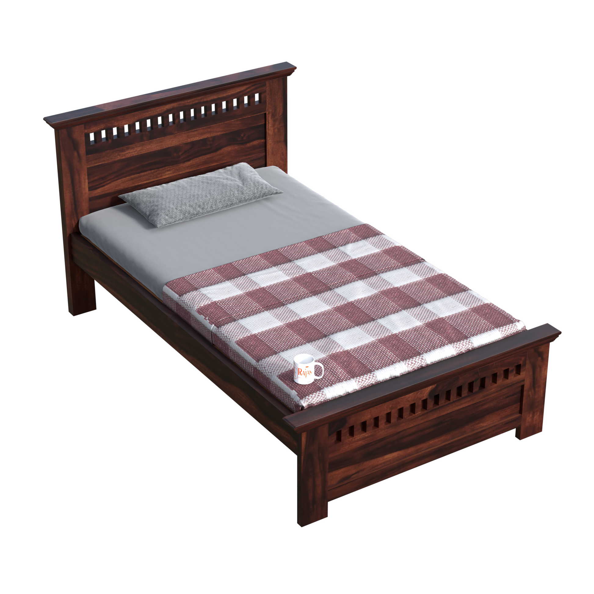 Wooden Single Bed with Block Design without storage for Bedrrom in Natural and Walnut Finish - Rajasthali Furniture 