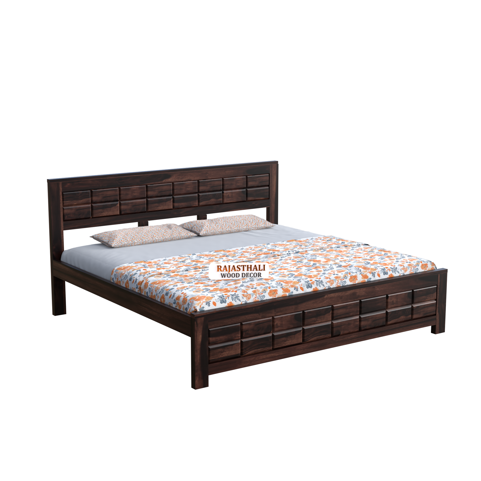 Solid Sheesham Wood King Size Bed with Headboard and Without Storage, Walnut Finish - Rajasthali Furniture 