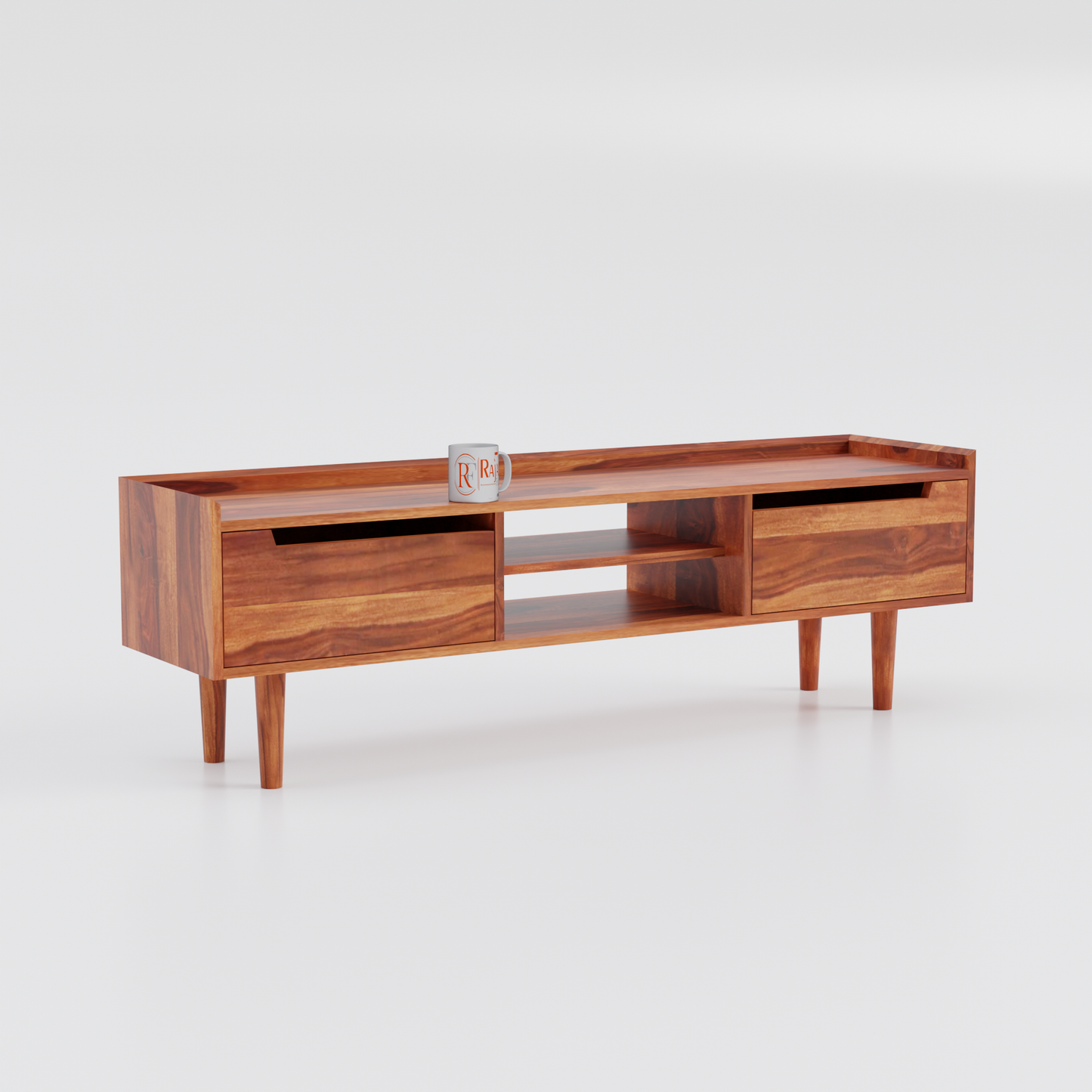 Solid Wood Two Door with one center wooden Shelf LCD cabinet with rustic legs in honey oak finish
