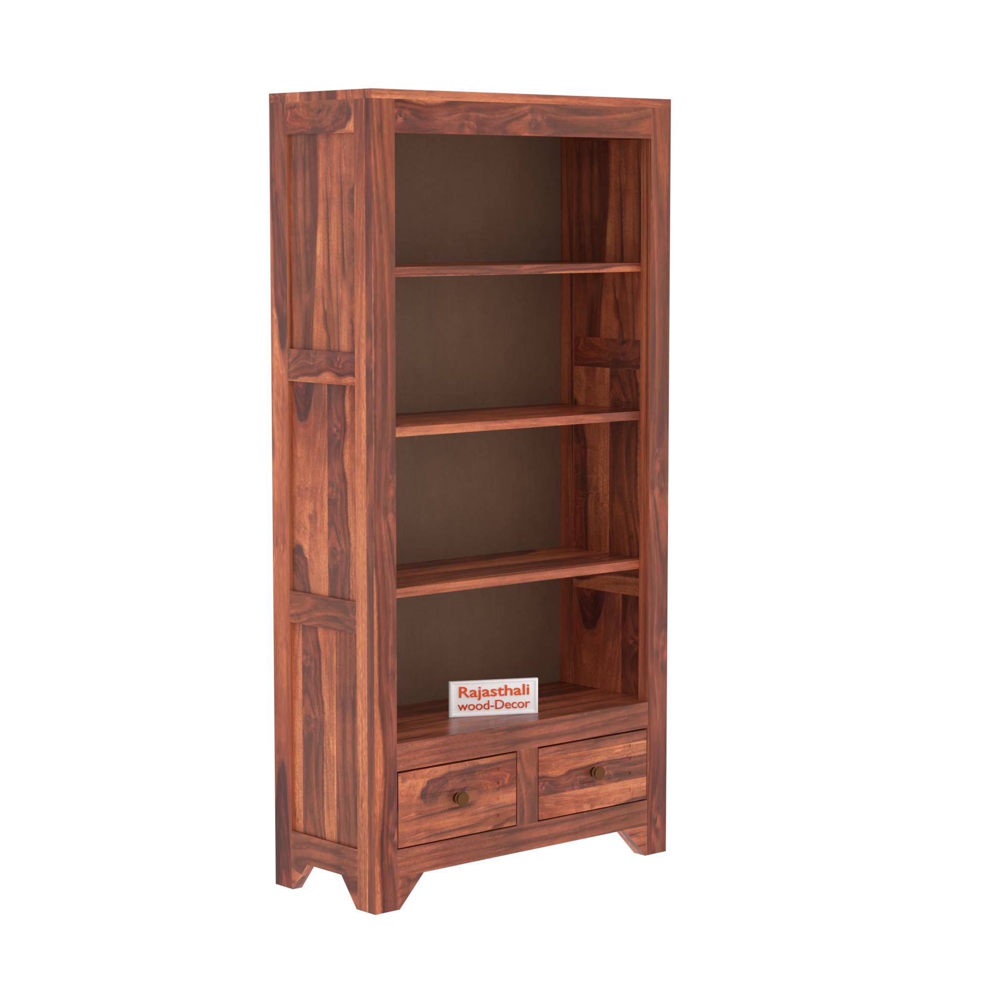 Wooden  Two Drawer 3 Shelves book shelf cum display cabinet in Honey Oak Color with Natural Finish - Rajasthali Furniture 