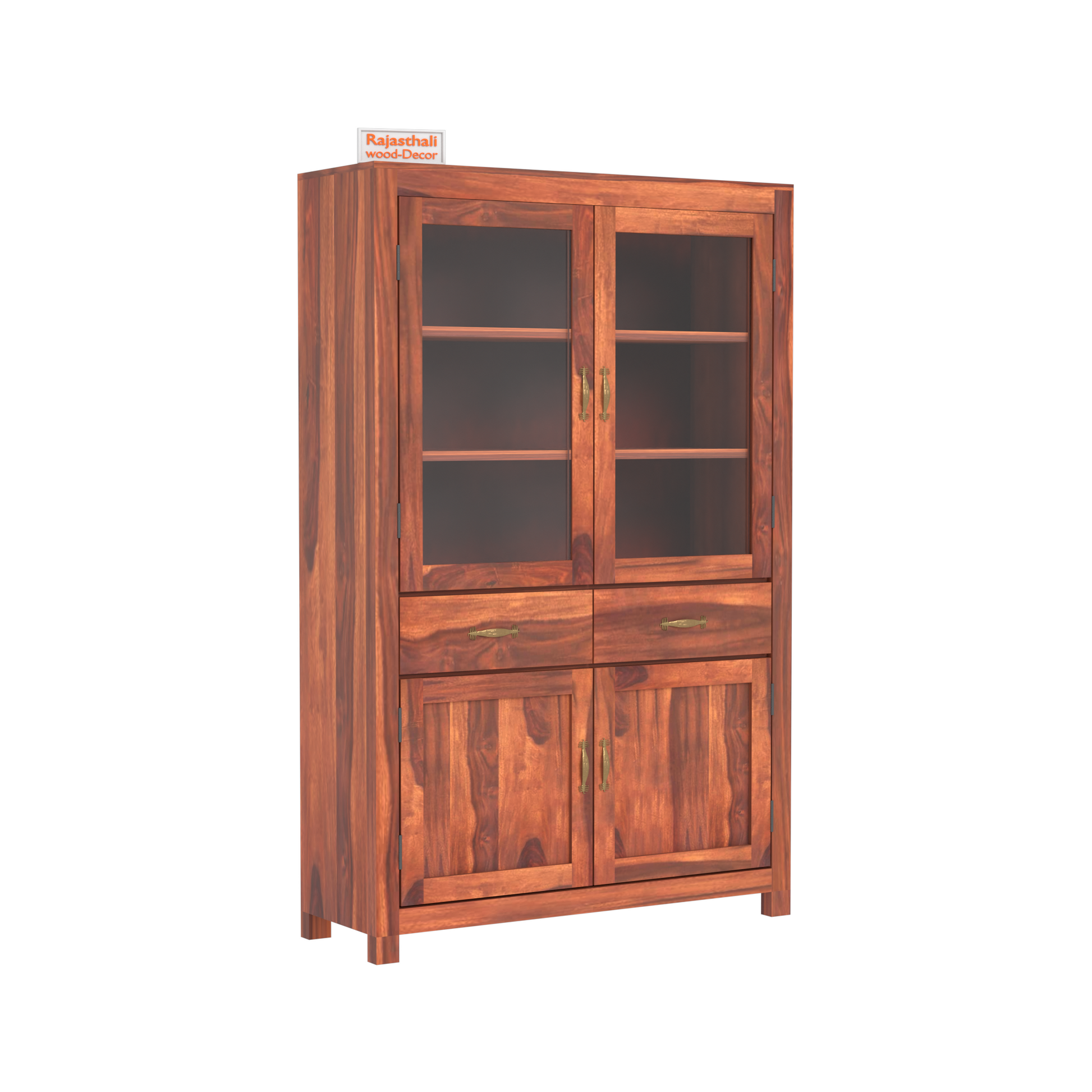 Bened Wooden Glass and Wooden Door Cabinet with two Drawer for Study and kitchen room in Natural and Walnut Finish - Rajasthali Furniture 