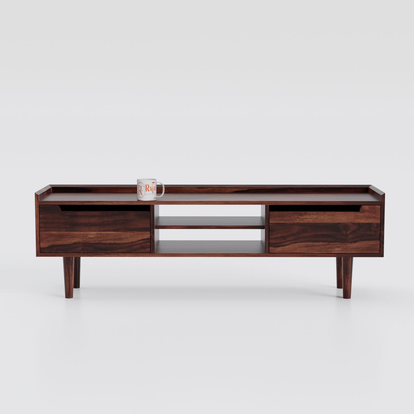 Solid Wood Two Door with one center wooden Shelf LCD cabinet with rustic legs in honey oak finish