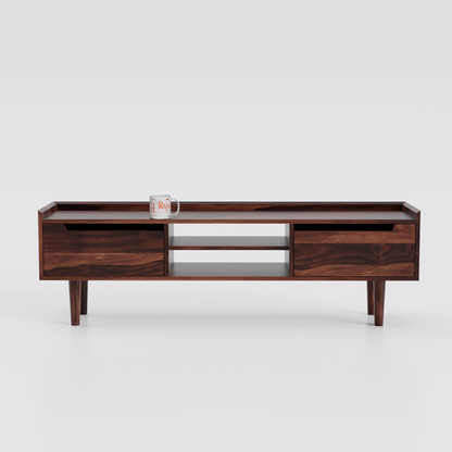 Solid Wood Two Door with one center wooden Shelf LCD cabinet with rustic legs in honey oak finish
