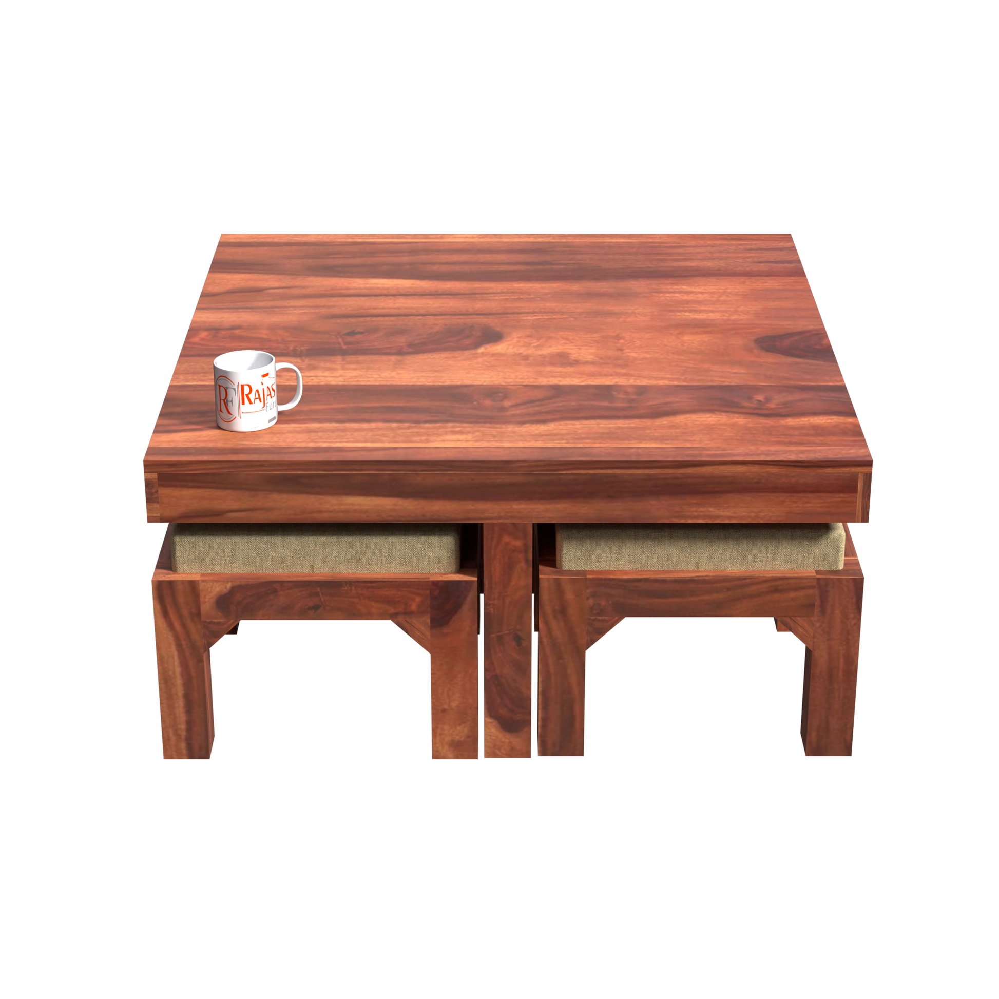 Kerry Wooden Center Table cum Coffee Table with four Stool with upholstery in Natural and walnutFinish 35" - Rajasthali Furniture 