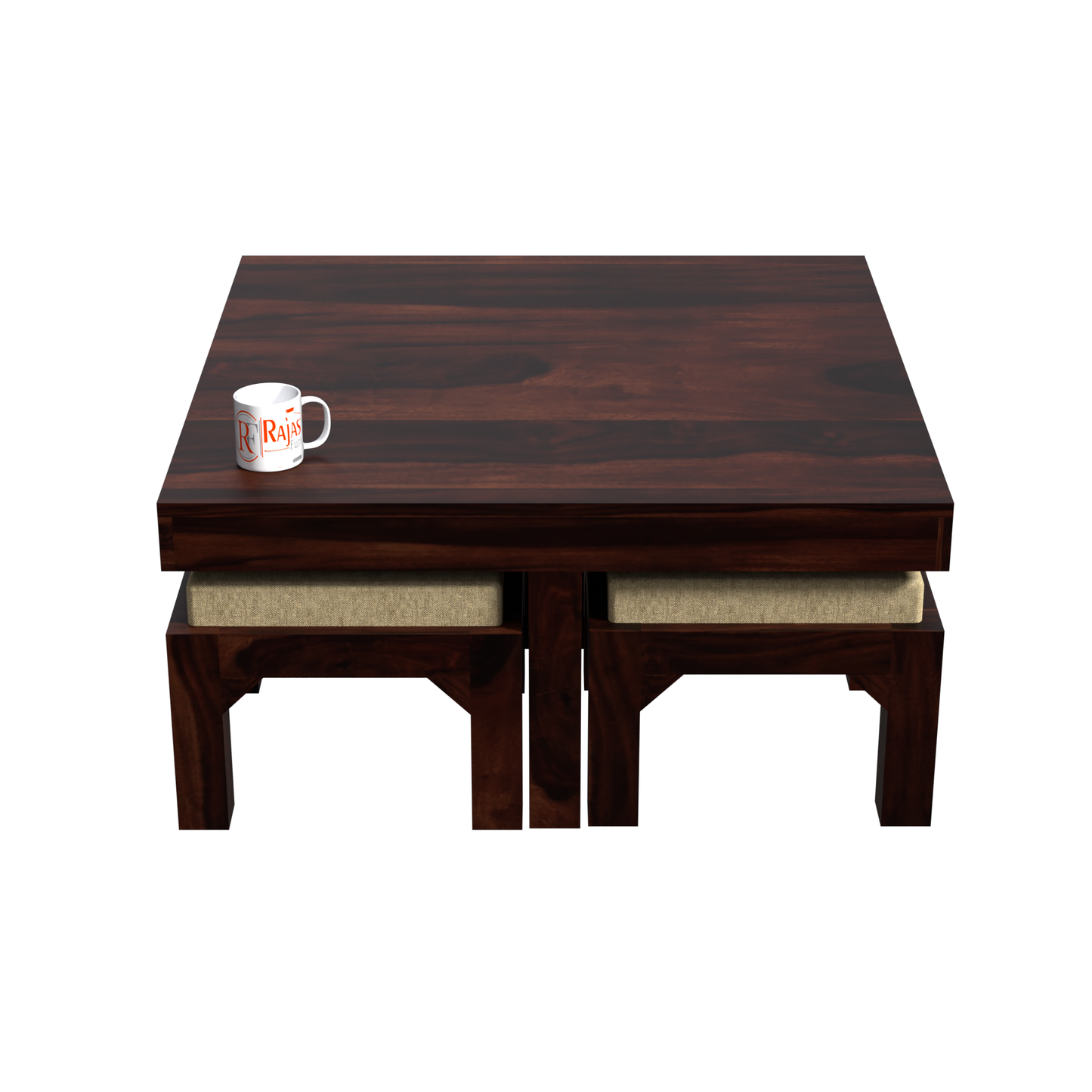 Kerry Wooden Center Table cum Coffee Table with four Stool with upholstery in Natural and walnutFinish 35" - Rajasthali Furniture 