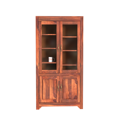 Wooden Display Cabinet with Glass and Wood Doors, 4 Doors Storage Unit in Natural and Walnut Finish - Rajasthali Furniture 