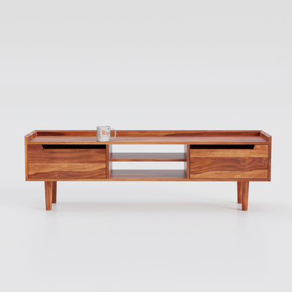 Solid Wood Two Door with one center wooden Shelf LCD cabinet with rustic legs in honey oak finish