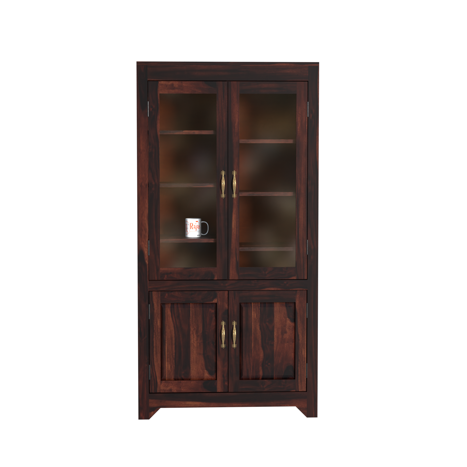 Wooden Display Cabinet with Glass and Wood Doors, 4 Doors Storage Unit in Natural and Walnut Finish - Rajasthali Furniture 