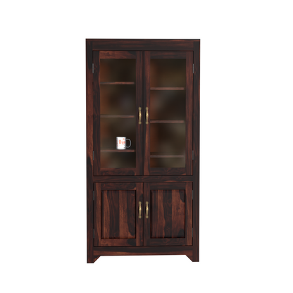 Wooden Display Cabinet with Glass and Wood Doors, 4 Doors Storage Unit in Natural and Walnut Finish - Rajasthali Furniture 