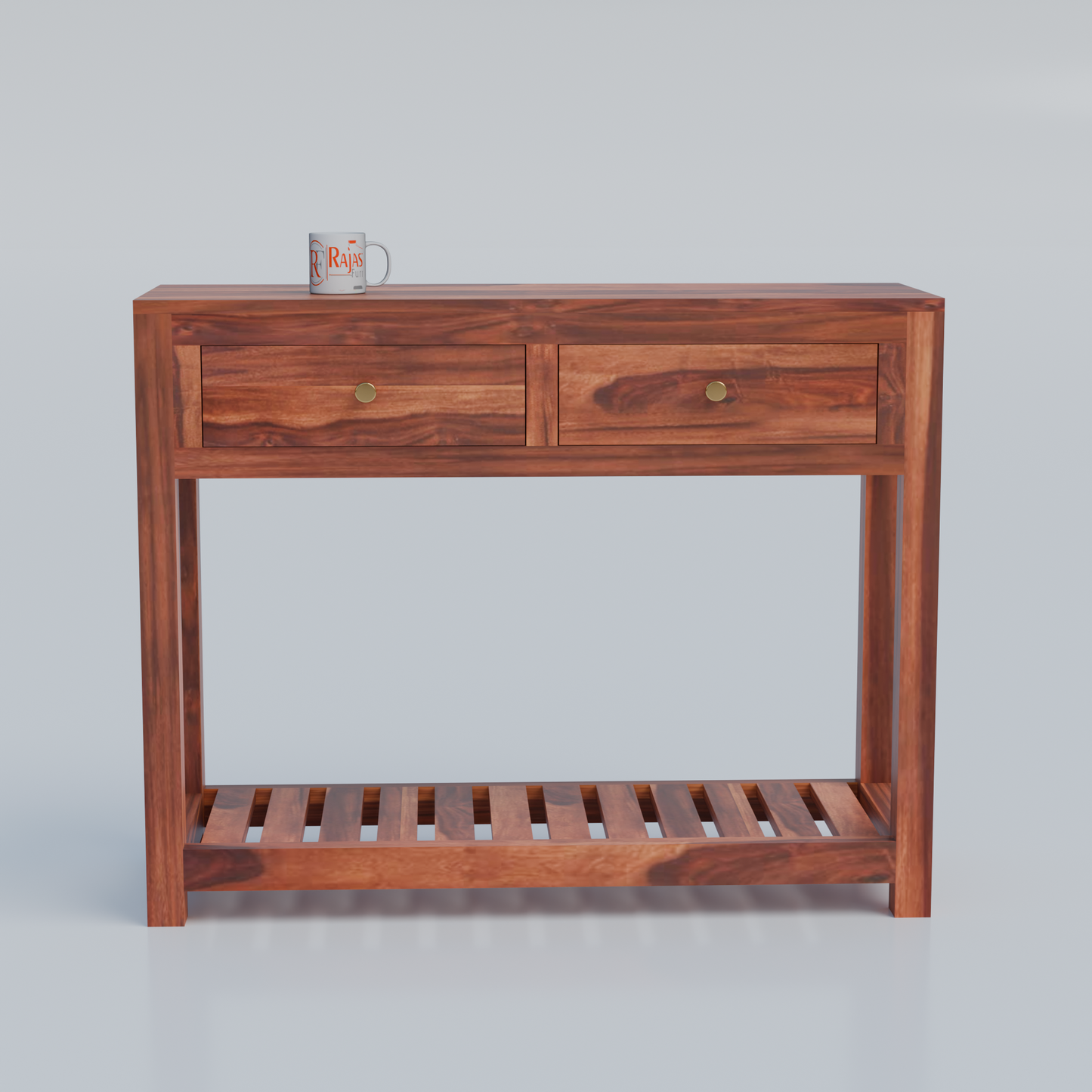 Solid Wood Two Drawer Console Unit with Table Top for Your Bedroom, Wooden Console for Bathroom in Natural Finish