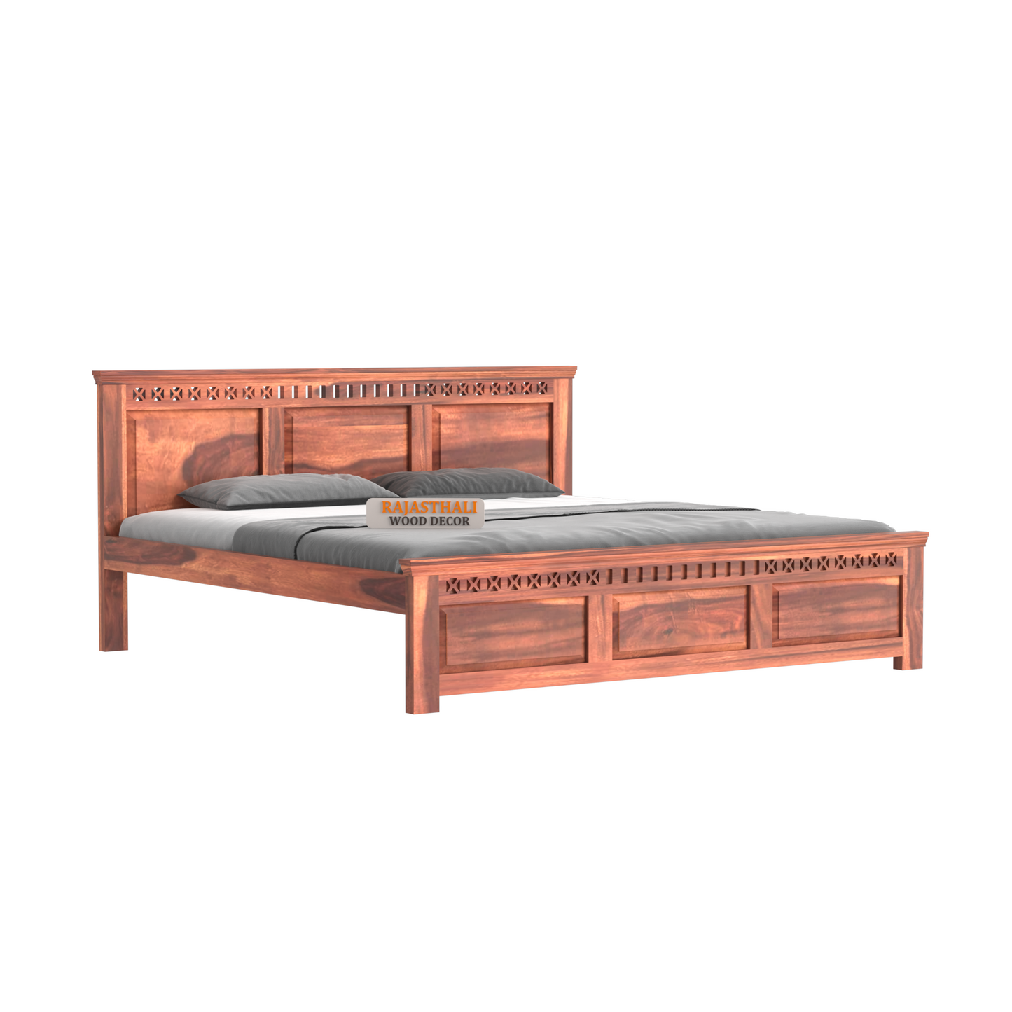 Solid Sheesham Wood King Size Bed with Headboard and Without Storage, Natural Finish - Rajasthali Furniture 