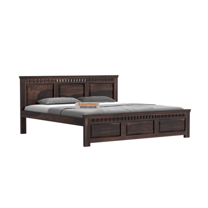 Solid Sheesham Wood King Size Bed with Headboard and Without Storage, Walnut Finish - Rajasthali Furniture 