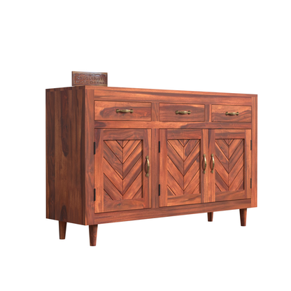 Wooden Sideboard Storage Cabinet with 3 Drawers and 3 Doors Storage Wooden Cabinet for Living Room in Natural Finish - Rajasthali Furniture 