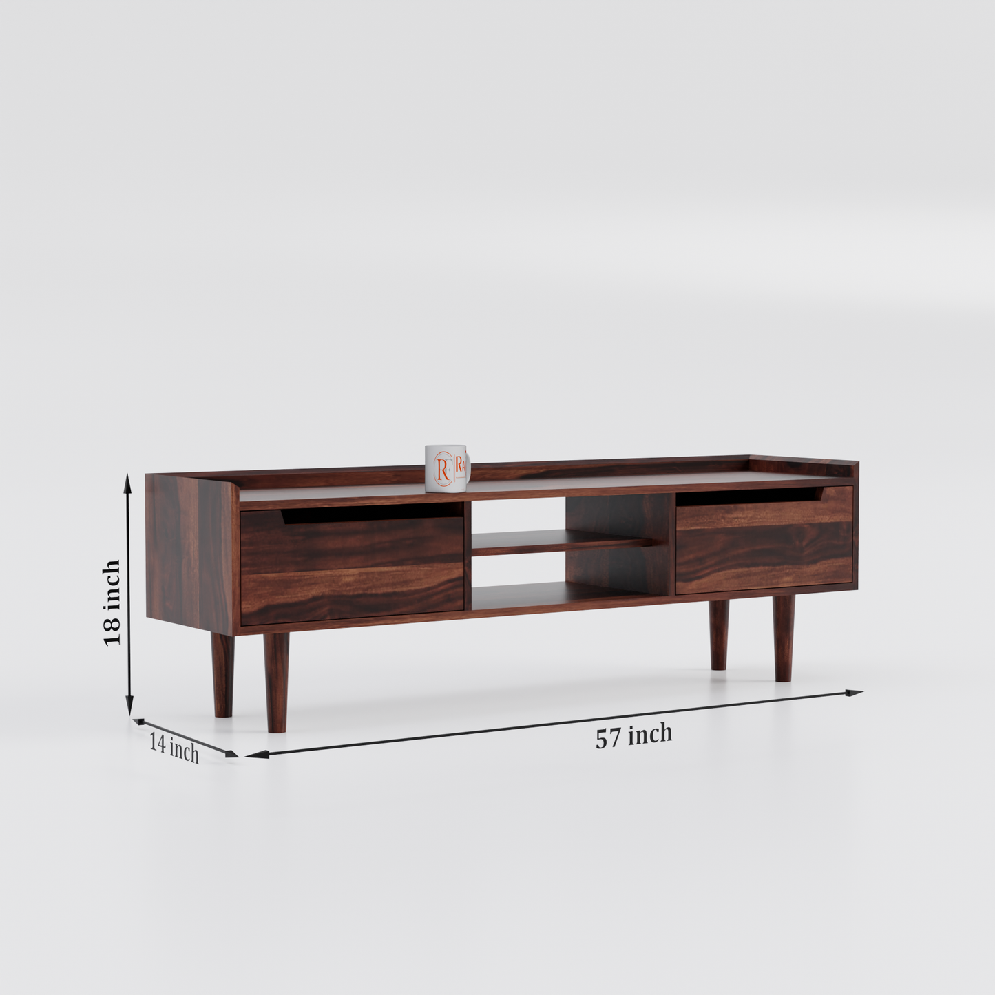 Solid Wood Two Door with one center wooden Shelf LCD cabinet with rustic legs in honey oak finish