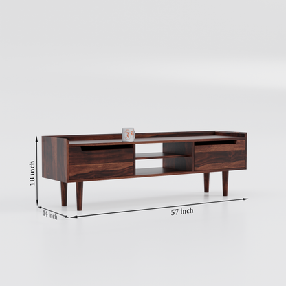 Solid Wood Two Door with one center wooden Shelf LCD cabinet with rustic legs in honey oak finish