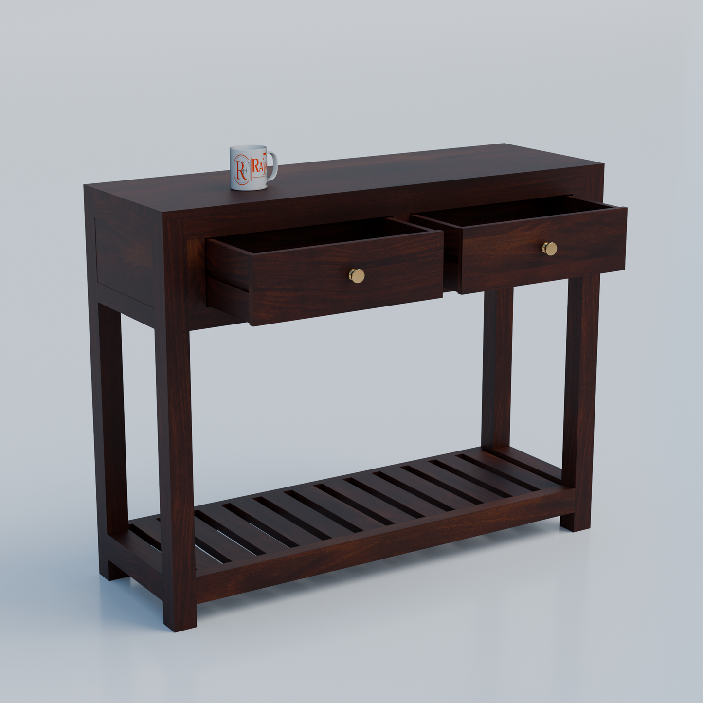 Solid Wood Two Drawer Console Unit with Table Top for Your Bedroom, Wooden Console for Bathroom in Natural Finish