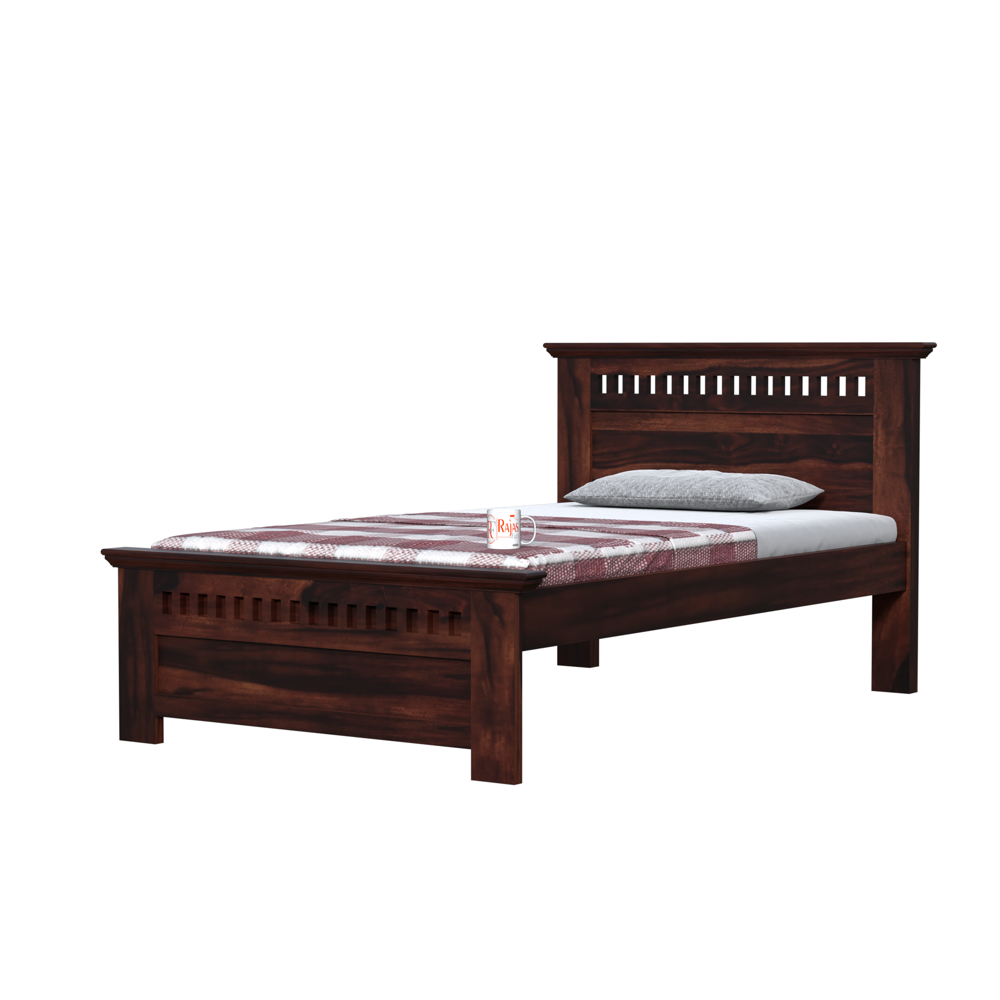 Wooden Single Bed with Block Design without storage for Bedrrom in Natural and Walnut Finish - Rajasthali Furniture 