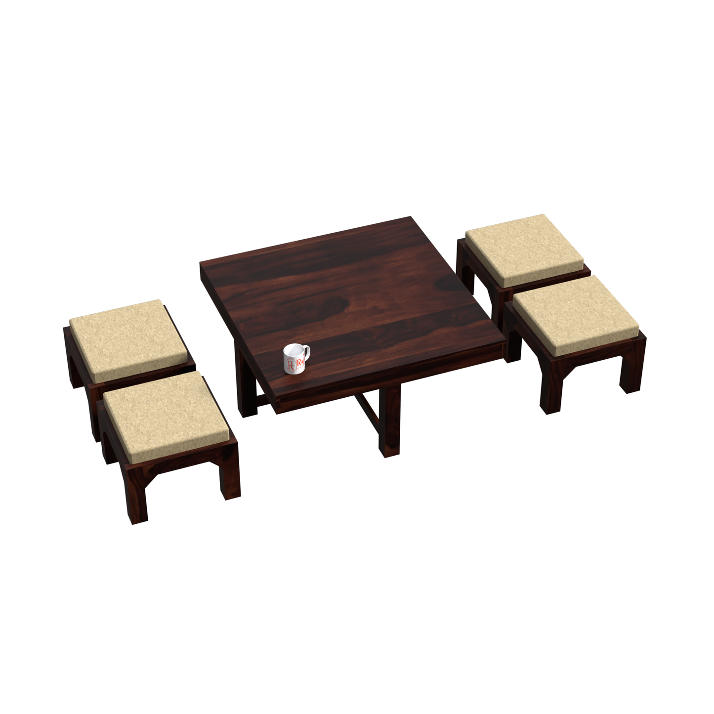 Kerry Wooden Center Table cum Coffee Table with four Stool with upholstery in Natural and walnutFinish 35" - Rajasthali Furniture 