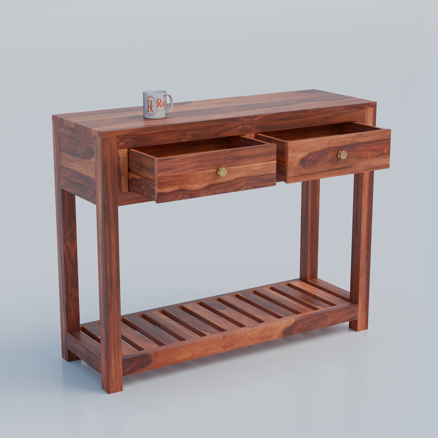 Solid Wood Two Drawer Console Unit with Table Top for Your Bedroom, Wooden Console for Bathroom in Natural Finish