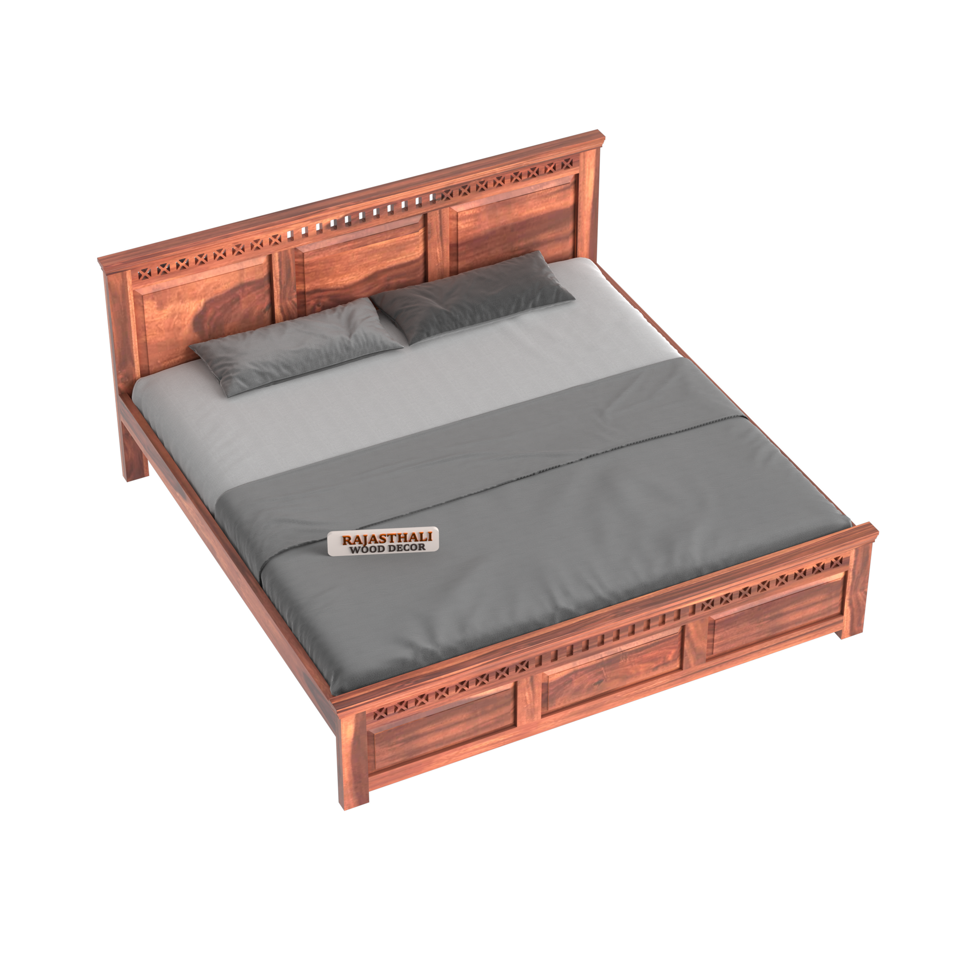 Solid Sheesham Wood King Size Bed with Headboard and Without Storage, Natural Finish - Rajasthali Furniture 