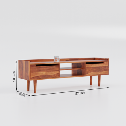 Solid Wood Two Door with one center wooden Shelf LCD cabinet with rustic legs in honey oak finish