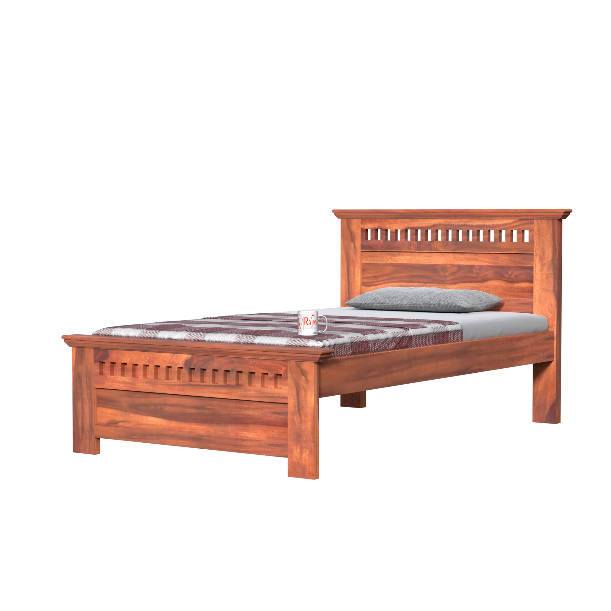 Wooden Single Bed with Block Design without storage for Bedrrom in Natural and Walnut Finish - Rajasthali Furniture 