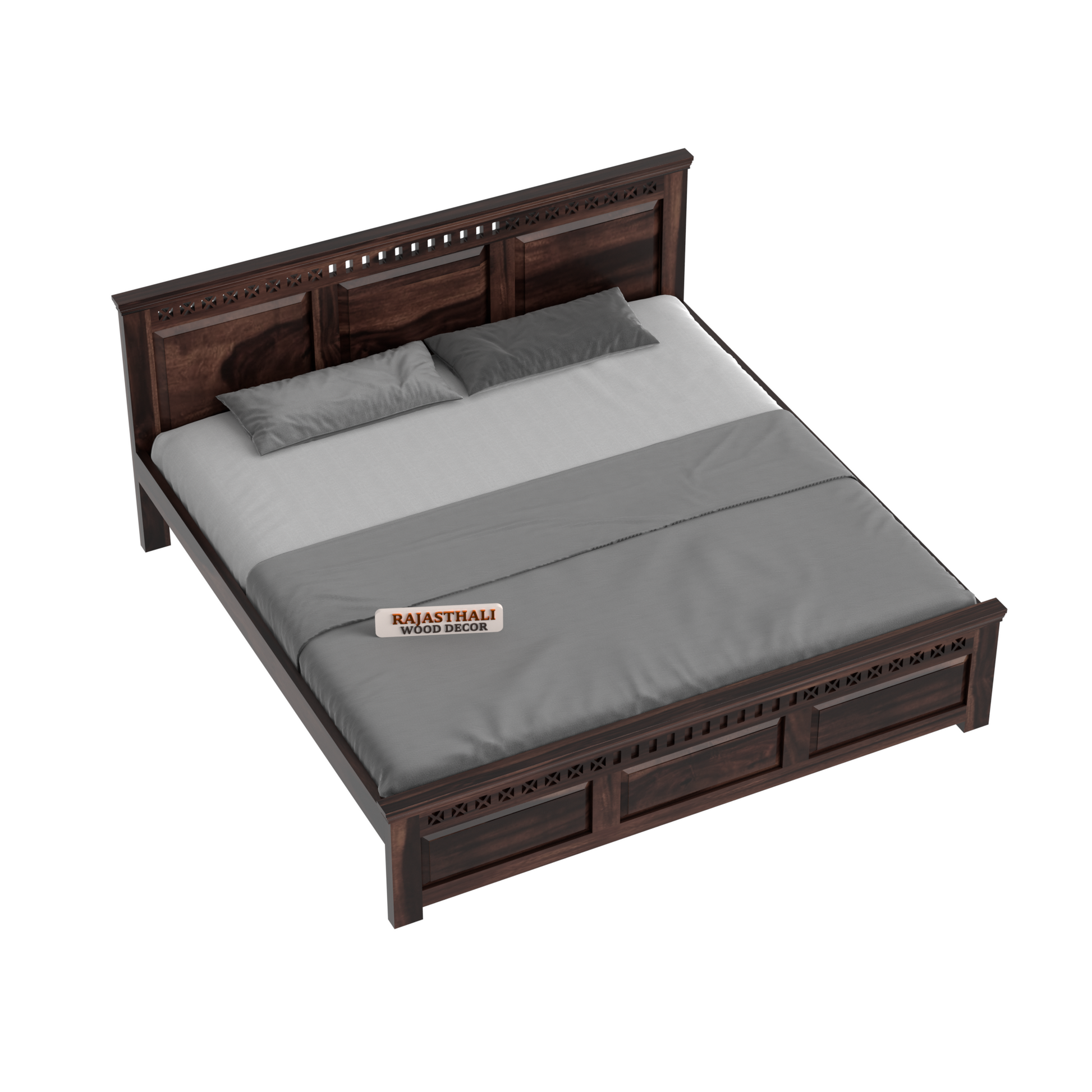 Solid Sheesham Wood King Size Bed with Headboard and Without Storage, Walnut Finish - Rajasthali Furniture 