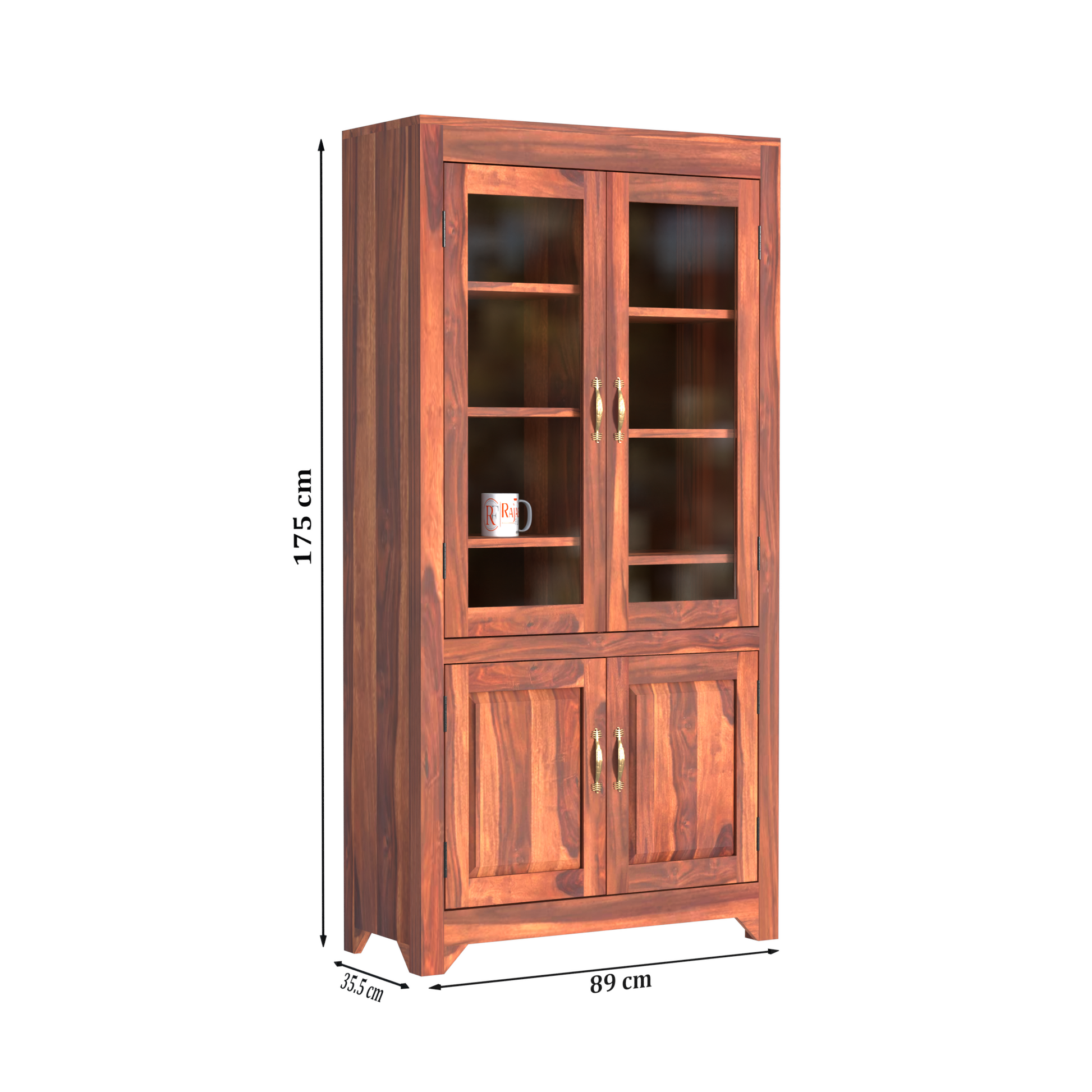 Wooden Display Cabinet with Glass and Wood Doors, 4 Doors Storage Unit in Natural and Walnut Finish - Rajasthali Furniture 