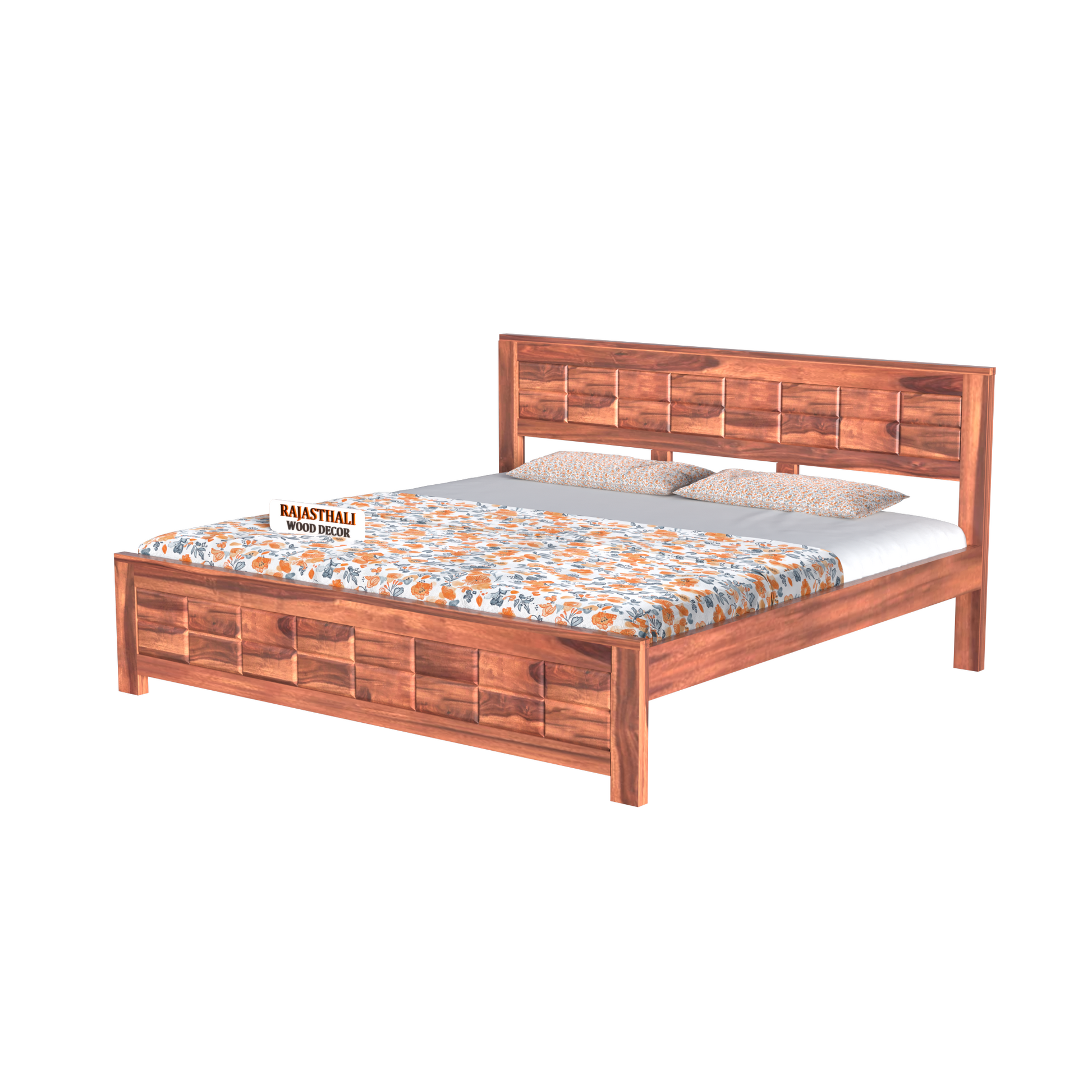 Solid Sheesham Wood King Size Bed with Headboard and Without Storage, Natural Finish - Rajasthali Furniture 