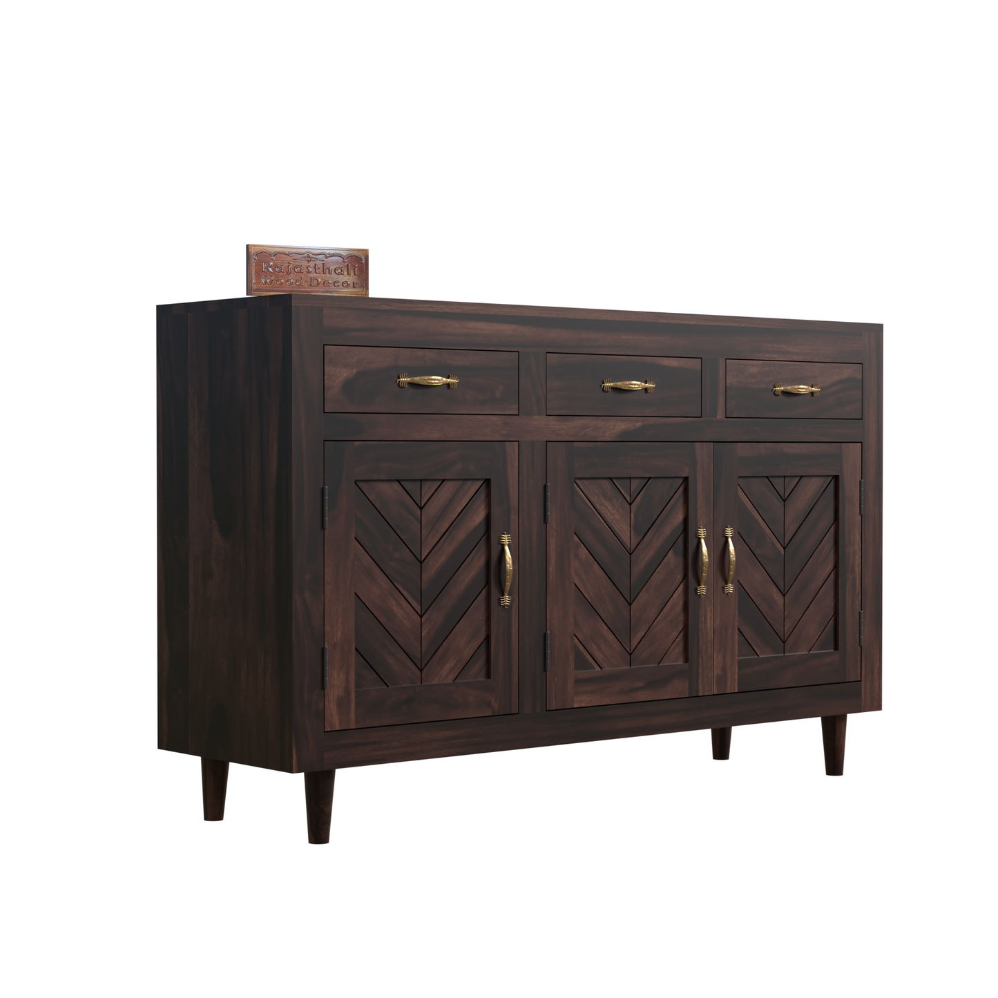 Wooden Sideboard Storage Cabinet with 3 Drawers and 3 Doors Storage Wooden Cabinet for Living Room in Walnut Finish - Rajasthali Furniture 