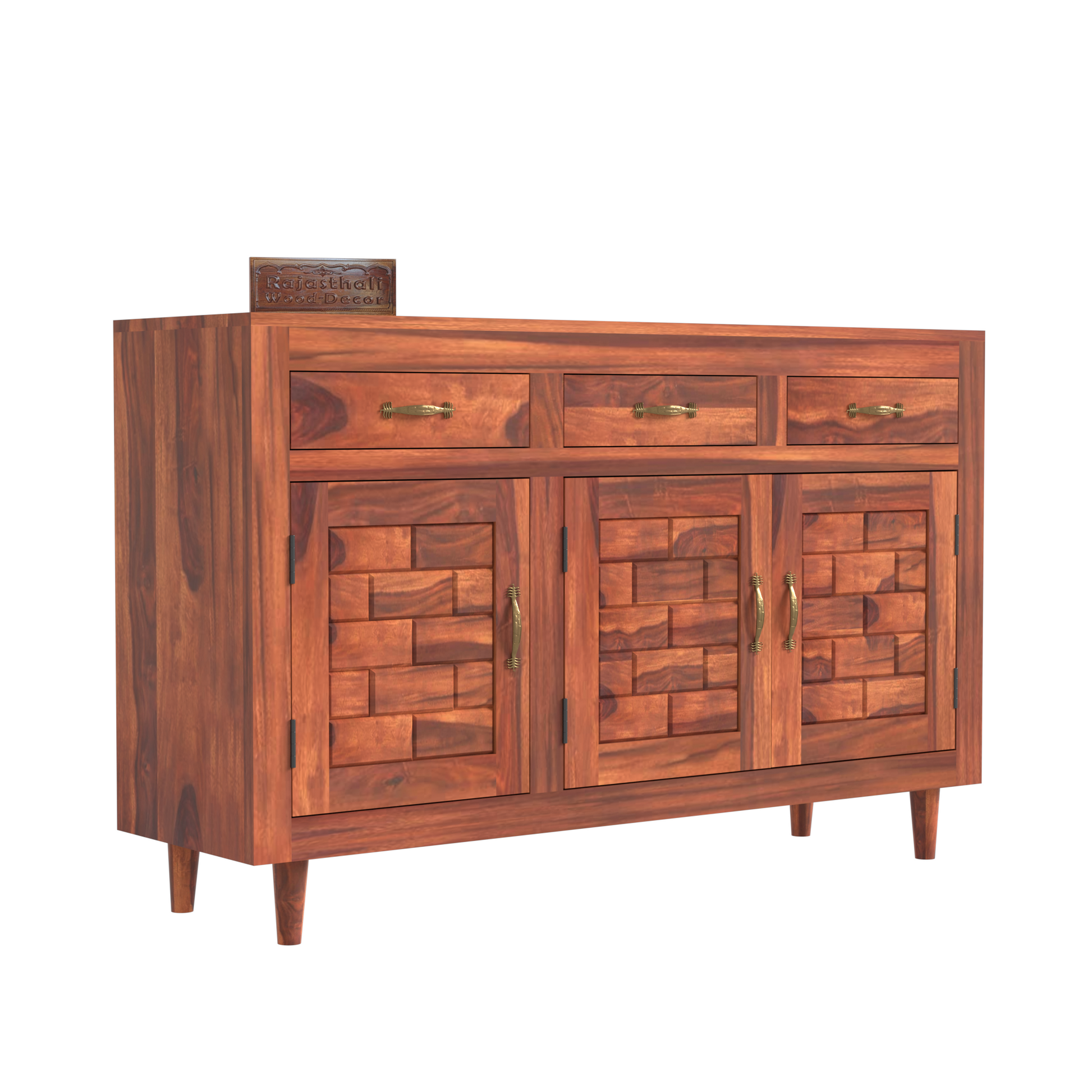 Wooden Sideboard Storage Cabinet with 3 Drawers and 3 Doors Storage Wooden Cabinet for Living Room in Natural Finish - Rajasthali Furniture 